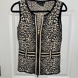 Etcetera Womens Leopard Print Knit Vest Full Zip Black Cream Small Gold Hardware